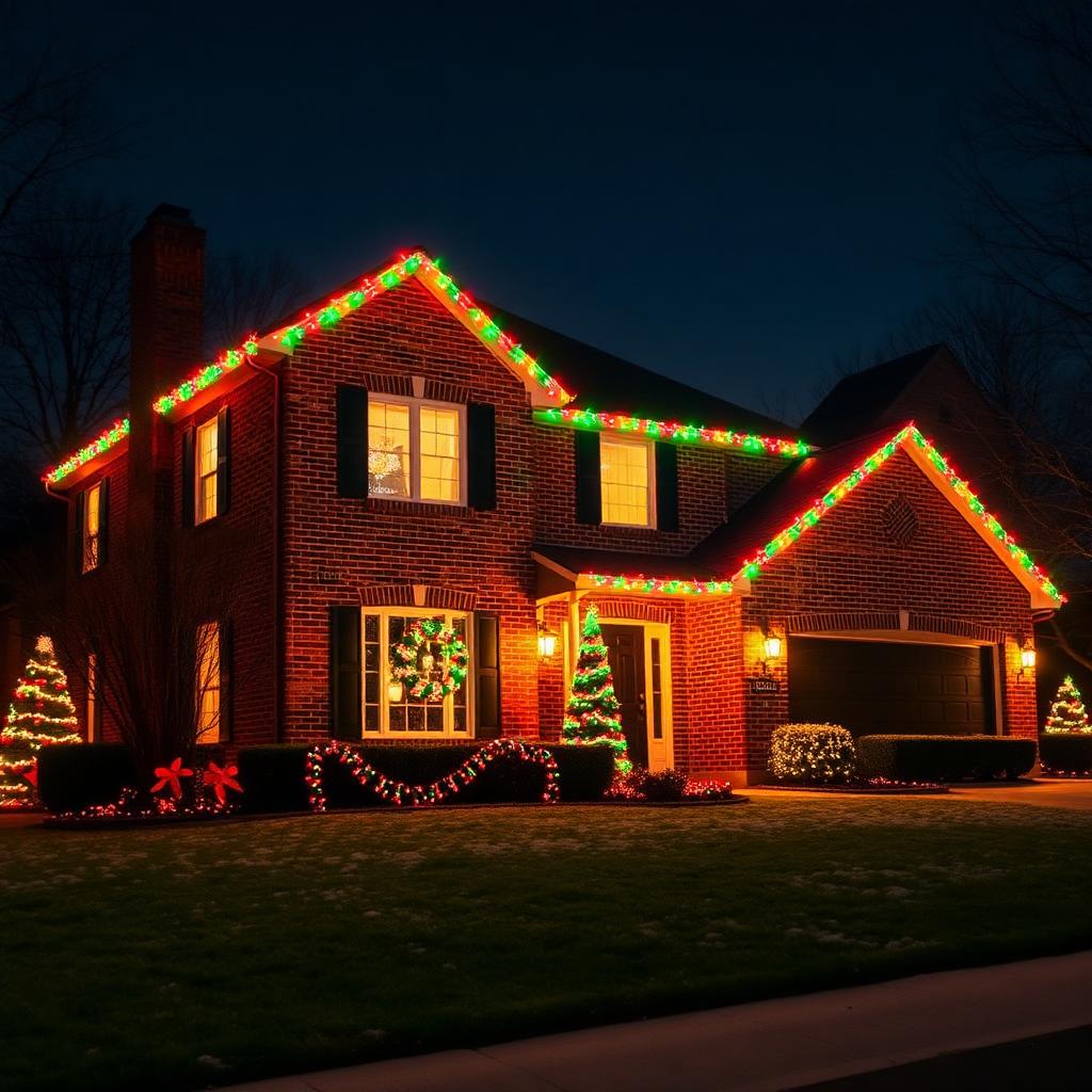 Brick home decorated with classic red and green Christmas lights