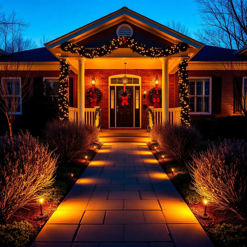 Front walkway lined with warm Christmas pathway lights and garland