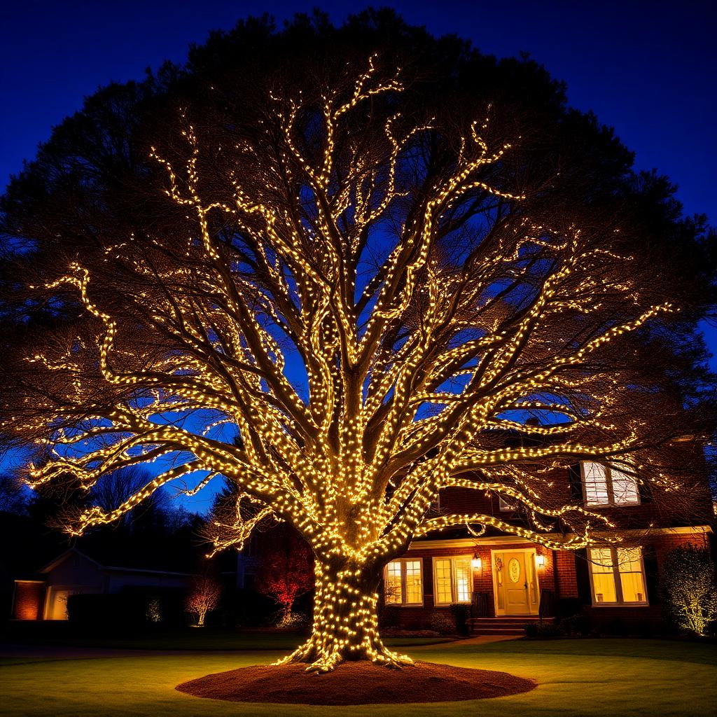 Large front-yard tree wrapped in warm white Christmas lights
