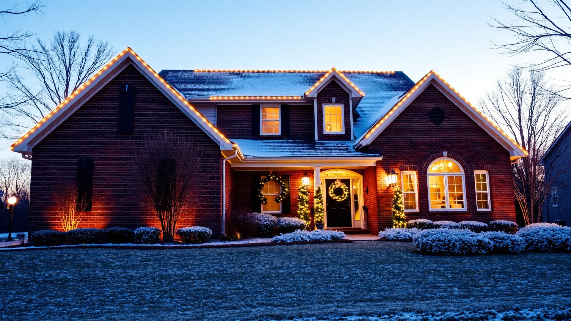 St. Louis area home with warm white Christmas roofline lights